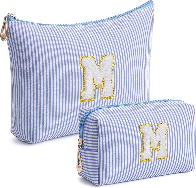 Blue Personalized Initial Makeup Bag Set, Cute Preppy Travel Toiletry Cosmetic Bags, Small Make Up Pouch, Birthday Gifts for Women, Girls, Friends, (M)