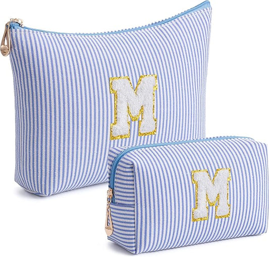 Blue Personalized Initial Makeup Bag Set, Cute Preppy Travel Toiletry Cosmetic Bags, Small Make Up Pouch, Birthday Gifts for Women, Girls, Friends, (M)