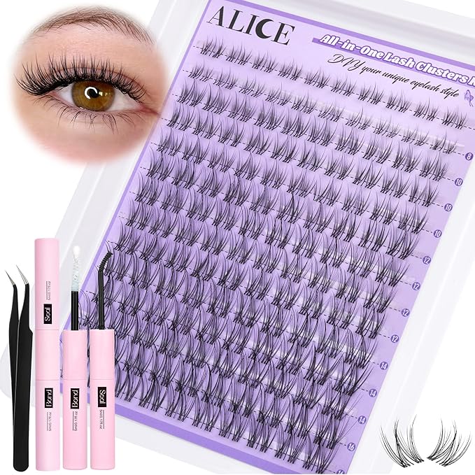 ALICE Cluster Eyelash Extension Kit Natural Wispy Lash Clusters Kit Lash Extension Kit Clear Band 168pcs C-Curly 11-13mm Individual Lashes with Lash Glue Bond and Seal Self Application at Home