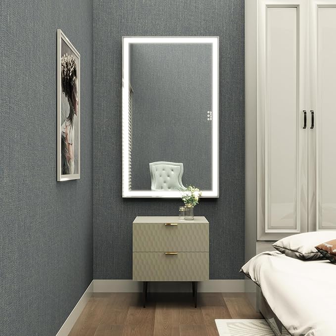 ANYHI Extra Large Vanity Mirror with LED Light, 40"x24.3" Big Size Lighted Vanity Mirror with 10X Magnifying, Tabletop/Wall Mounted, 3 Color Modes, Silver