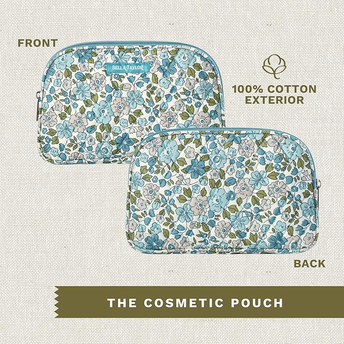 Bella Taylor Large Quilted Cotton Makeup Pouch for Women, Travel Cosmetic Bag, Quilted Cotton Delicate Floral Blue