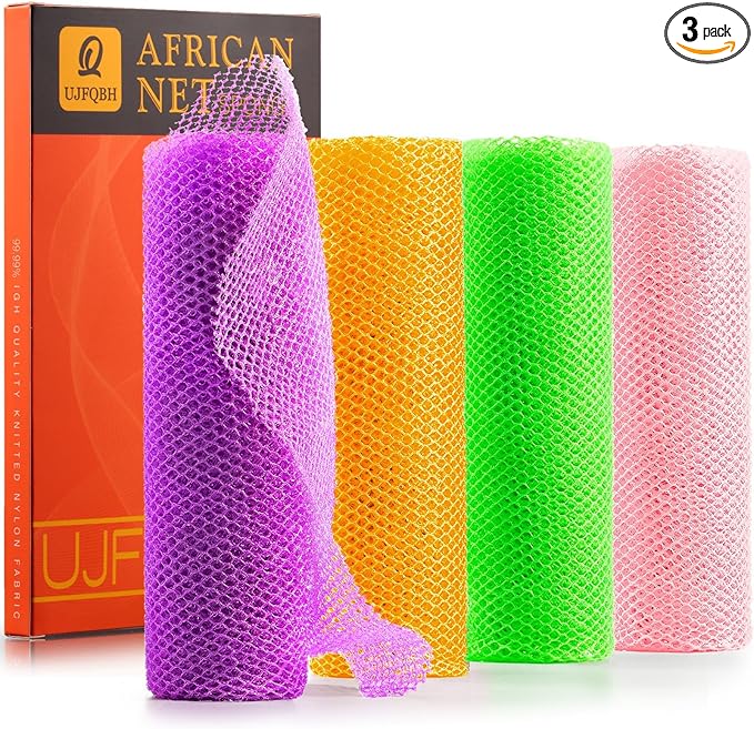4 Pieces African Net Sponge African Net Long Net Bath Sponge Exfoliating Shower Body Scrubber Back Scrubber Skin Smoother,Great for Daily Use (Purple, Orange, Green, Pink)