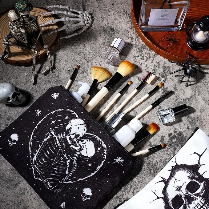 Kajaia 12 Pcs Gothic Skeleton Makeup Bags Cute Portable Travel Purse Toiletry Pocket Make up Organizer Storage Zipper Pouch Makeup Brush Cosmetic Bags for Women Adult Aesthetic Stuff