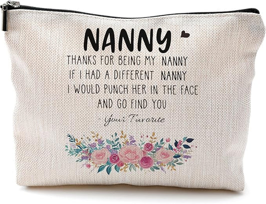 Funny Nanny Gifts Makeup Cosmetic Bag - Mother's Day, Birthday Gifts for Nanny, Grandma - Floral Small Makeup Bag for Purse