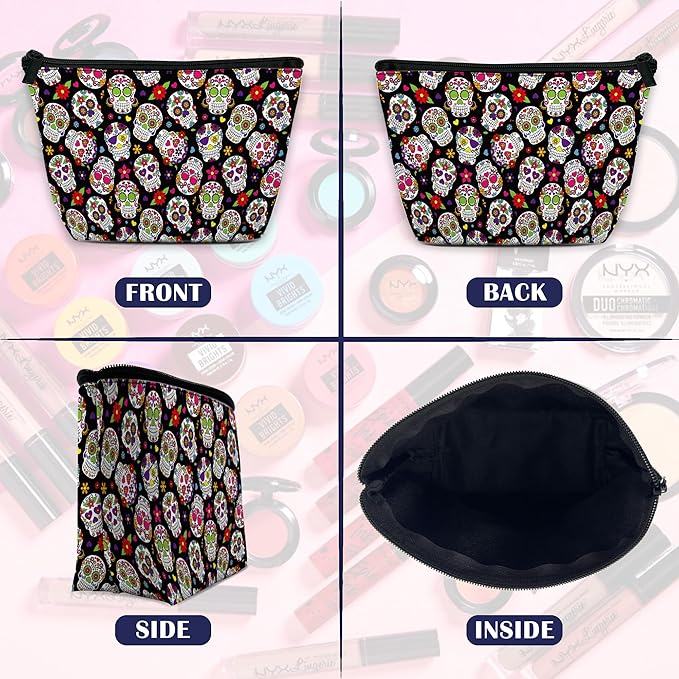 Makeup Bag Day of the Dead Sugar Skull Cosmetic Bag for Women, Waterproof Large Capacity Travel Organizer 9.5×5.9 Inch