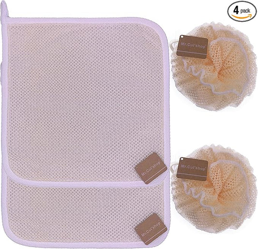 4 pcs/set 2 Soft Weave Home Spa Exfoliating Face and Body Wash Cloths, Dual-Textured for Shower & 2 Bath Spa Puff Scrubber Ball - Remove Dead Skin - Great for Skin Care in the Bath - Rich Foams Bubble