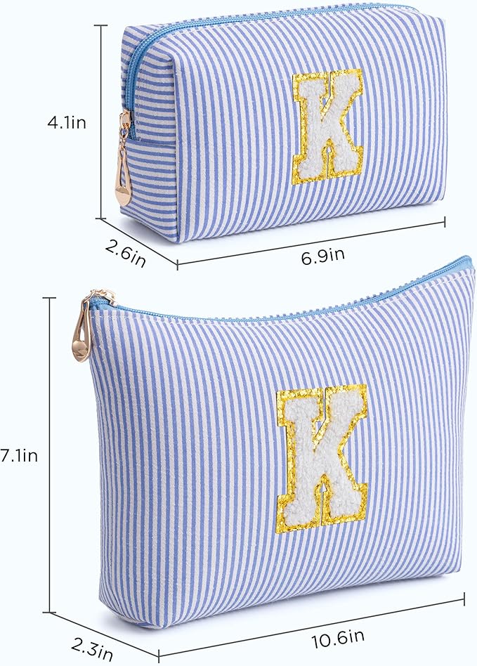 Blue Personalized Initial Makeup Bag Set, Cute Preppy Travel Toiletry Cosmetic Bags, Small Make Up Pouch, Birthday Gifts for Women, Girls, Friends, (K)