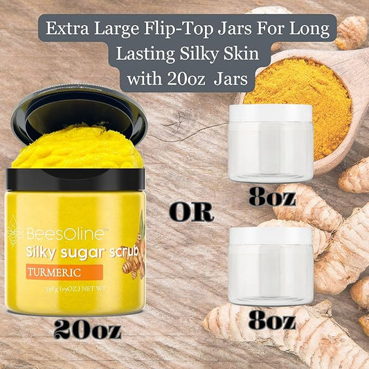 Silky Sugar Scrub by BeesOline - Premium Fine Cane Sugar | Turmeric - Extra Large 20oz, Convienent Flip-Top Lid, Organic Sunflower Oil & COCONUT OIL for Smooth Gentle Exfoliation