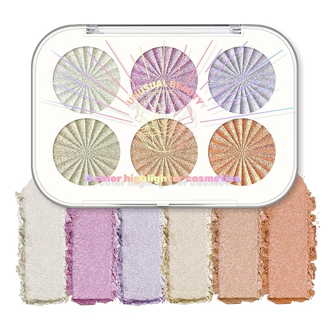 6-Color Face Cheek Highlighter Makeup Palette - Shimmer Glitter Iridescent Holographic Eyeshadow - Purple Rainbow Glitter Highlighter Makeup Highlight & Contour