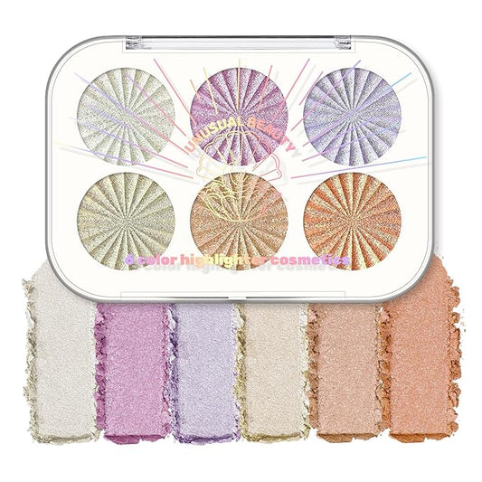 6-Color Face Cheek Highlighter Makeup Palette - Shimmer Glitter Iridescent Holographic Eyeshadow - Purple Rainbow Glitter Highlighter Makeup Highlight & Contour