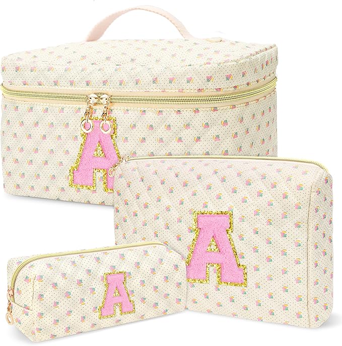 3 PCS Travel Makeup Bag Set, A-Z Initials Cotton Make up Bag Floral Quilted Cosmetic Bag for Girls and Women, Personalized Cute Toiletry Bag Travel Accessories Brushes Bag Yellow - A