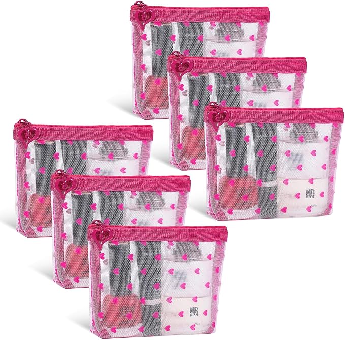 6 Pack Mini Zipper Mesh Makeup Bags, Heart Print Nylon Cosmetic Bags Toiletry Bags for Office Travel Organization (Widened-Hot Pink, XS)