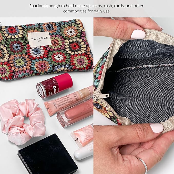 Medium Floral Travel Size Toiletries Makeup Pouch – Elegant Travel Cosmetic Bag, Toiletry Organizer & Coin Purse for Women, Ideal Gift for Her, Zippered Makeup Bag, Made in Barcelona