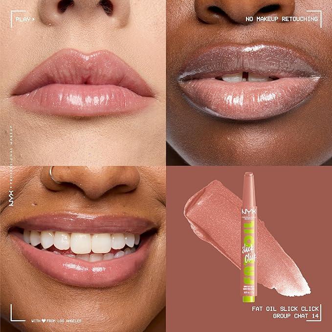 NYX PROFESSIONAL MAKEUP Fat Oil Slick Click, Lightweight, Buildable Pigmented Vegan Lip Balm - Group Chat (Nude)