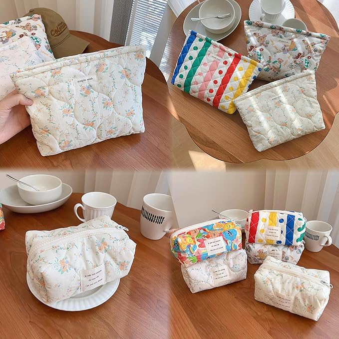 2 Pieces Floral Makeup Bag, Cute Travel Quilted Pouch Cosmetic Bag Organizer, Small Cotton Coquette Aesthetic Purse Toiletry Bag for Women Girls accessories (2PCS-Beige Floral)
