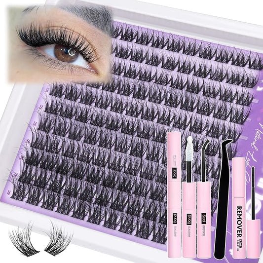 Mavphnee Lash Clusters Kit Feathery Eyelash Extensions Kit LC-Curly Natural Cluster Lashes Kit Wispy Individual Lash Extensions Kit with Waterproof Lash Bond and Seal and Remover and Tweezers