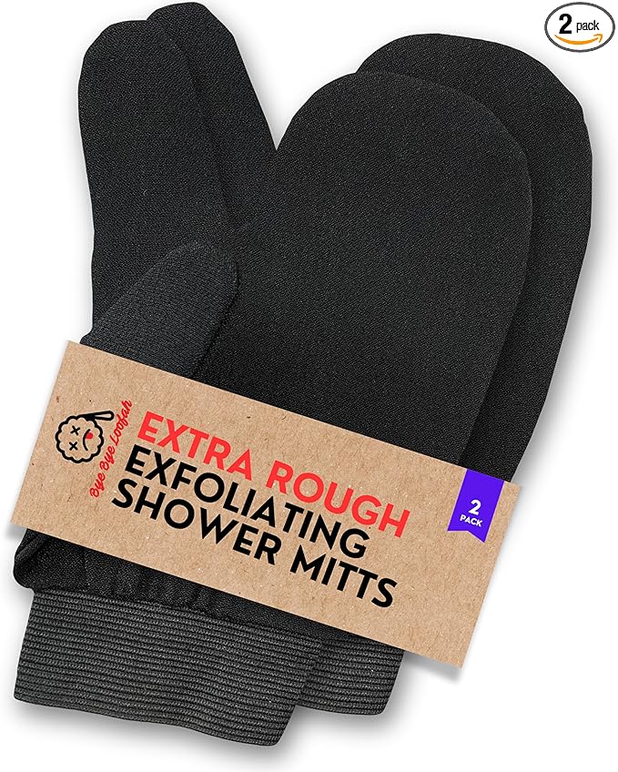 Deep Exfoliating Gloves for Body Scrub – 2-Pack Mitt for Men & Women, Black, KP Bump Eraser & Dead Skin Remover – Smooth, Radiant Skin Exfoliator – Loofah Alternative by Bye Bye Loofah