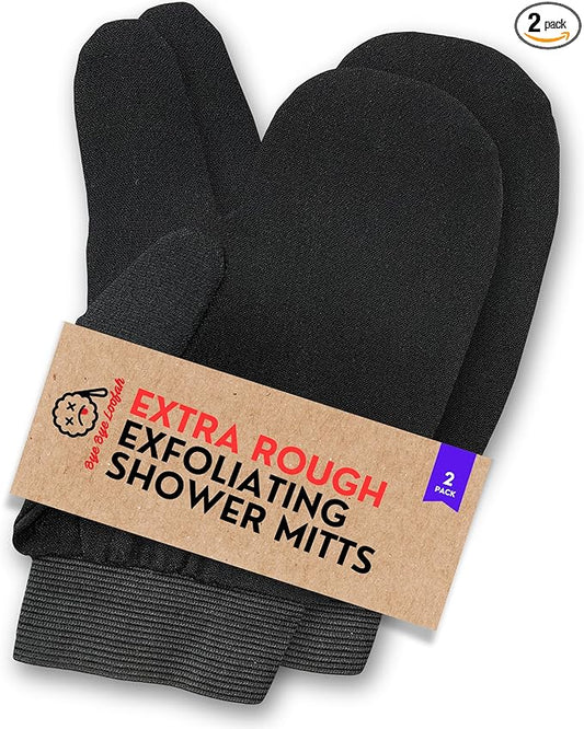 Deep Exfoliating Gloves for Body Scrub – 2-Pack Mitt for Men & Women, Black, KP Bump Eraser & Dead Skin Remover – Smooth, Radiant Skin Exfoliator – Loofah Alternative by Bye Bye Loofah