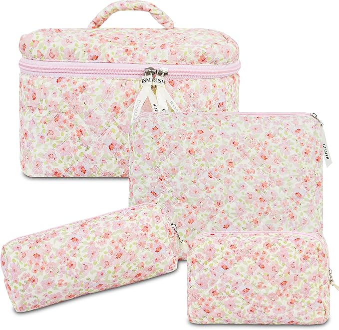4Pcs Quilted Makeup Bag Set Cute Floral Cosmetic Bag Cotton Coquette Make up Bag Aesthetic Travel Toiletry Bag for Women Girls