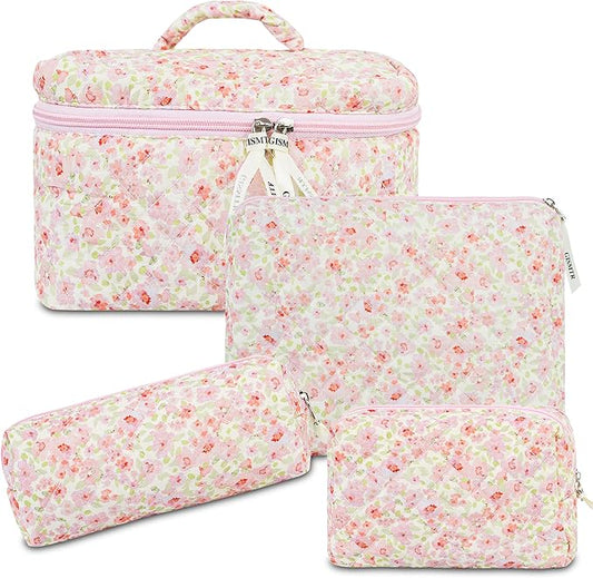 4Pcs Quilted Makeup Bag Set Cute Floral Cosmetic Bag Cotton Coquette Make up Bag Aesthetic Travel Toiletry Bag for Women Girls