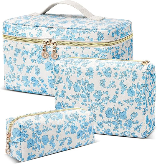 3 PCS Travel Makeup Bag Set, Large Cotton Make up Bag Quilted for Women, Floral Cosmetic Bag Toiletry Bag for Girls Cute Flower Toiletry Bag Travel Accessories Brushes Kawaii Stuff - Blue Flower