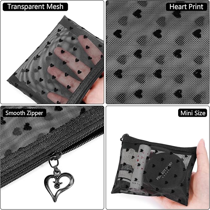6 Pack Mini Zipper Mesh Makeup Bags, Heart Print Nylon Cosmetic Bags Toiletry Bags for Office Travel Organization (Black, XS)