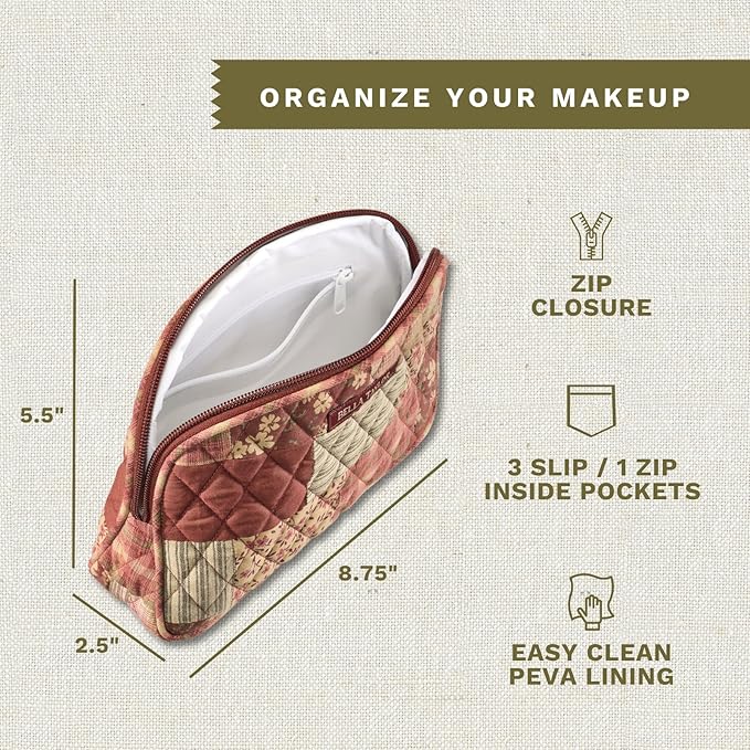 Bella Taylor Large Makeup Pouch for Women | Quilted Cotton Cosmetic Bag for Travel and Organization | Burgundy Patch