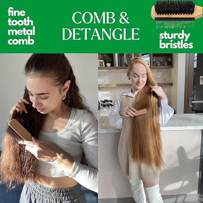 GranNaturals Boar Bristle Slick Back Hair Brush w/Comb for Smoothing Sleek Ponytail Bun - Wide Rat Tail & Metal Comb Hairbrush for Parting, Teasing, Backcombing, Sectioning, Edge Control, Flyaways