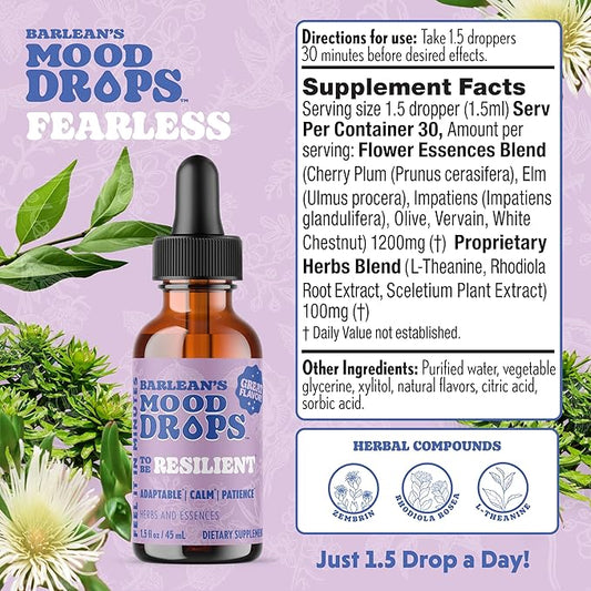 Barlean's Mood Booster Supplement, Resilient L Theanine Liquid Drop Supplements for Men and Women, Adaptogen Herbs Drops, 1.5 oz