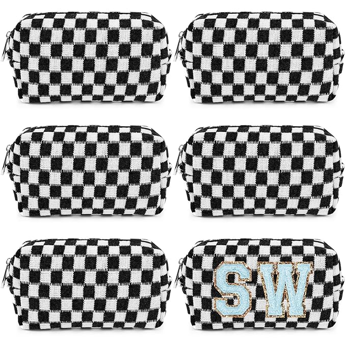 6 Pcs Preppy Makeup Bag Bulk Checkered Cosmetic Bag Black Makeup Pouch Personalize Travel Toiletry Bag Organizer Cute DIY Makeup Brushes Storage Bag for Women