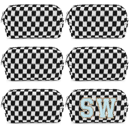 6 Pcs Preppy Makeup Bag Bulk Checkered Cosmetic Bag Black Makeup Pouch Personalize Travel Toiletry Bag Organizer Cute DIY Makeup Brushes Storage Bag for Women