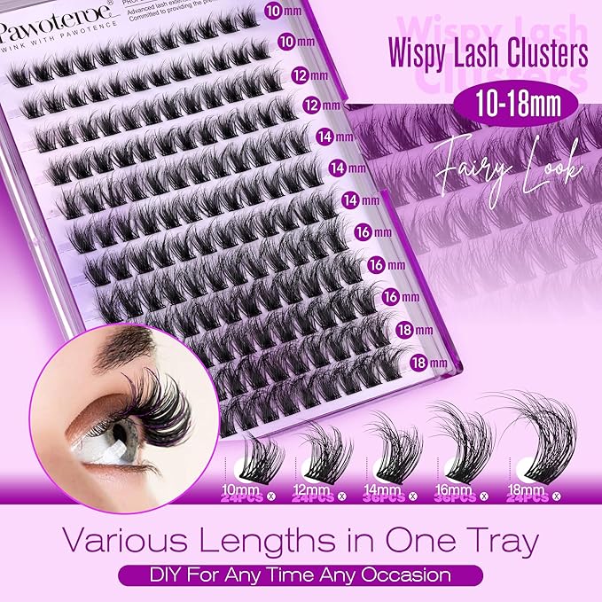 Pawotence Lash Clusters Wispy Eyelash Clusters 10-18mm Faux Mink Individual Lashes Extension DIY 144pcs False Eyelashes Full Cluster Eyelash Extensions
