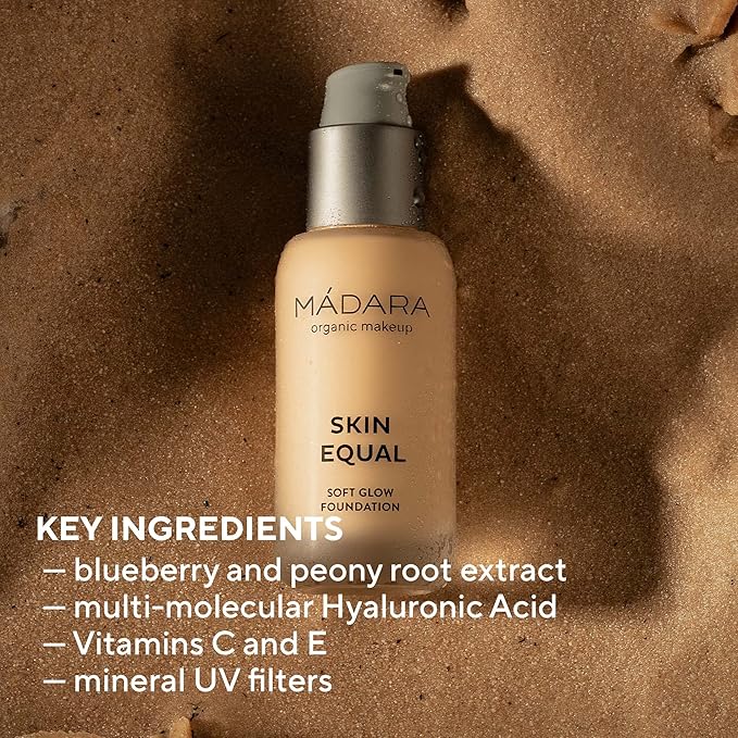 MÁDARA Organic Skincare | Skin Equal Soft Glow Foundation SPF15 Sand 40-30 ml, Mineral foundation with hyaluronic acid, Buildable medium coverage, Dewy foundation, Vegan, COSMOS natural certified