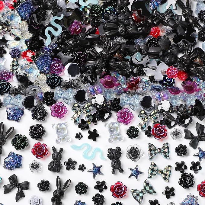 110 Pieces 3D Nail Charms for Acrylic Nails, Camellia Rose Flower Butterfly Bowknot Heart Bear Rabbit Star Charms for Nail Art Designs DIY Accessories Craft(Black)