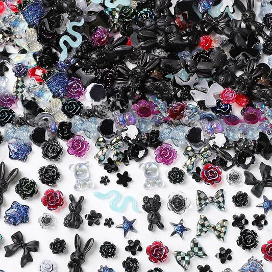 110 Pieces 3D Nail Charms for Acrylic Nails, Camellia Rose Flower Butterfly Bowknot Heart Bear Rabbit Star Charms for Nail Art Designs DIY Accessories Craft(Black)