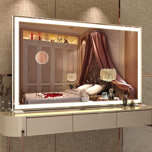 ANYHI Extra Large Vanity Mirror with LED Light, 40"x24.3" Hollywood Vanity Mirror with 10X Magnifying, Big Size Makeup Mirror, Tabletop/Wall Mounted, White