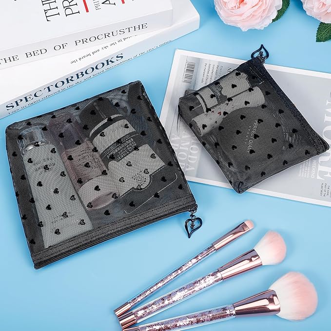6 Pack Mini Zipper Mesh Makeup Bags, Heart Print Nylon Cosmetic Bags Toiletry Bags for Office Travel Organization (Widened-Black, S)