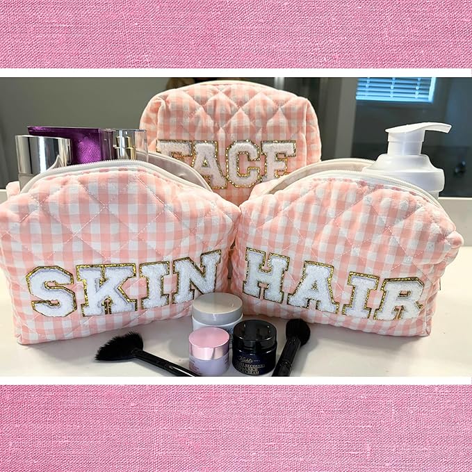 3pc Checker Makeup Cosmetic Bag Preppy Patch Travel Pouch for Women Chenille Letter Patch Small Portable Cosmetic Bag (Pink & White) (Bag Without Handle)