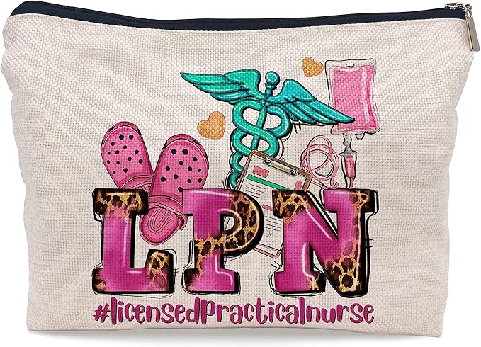 Ayxvt LPN Licensed Practical Nurse Cosmetic Bag,Retro Gorgeous Pink Leopard Clipart Decorative Women's Makeup Bag Zipper Pouch Travel Toiletry,Nurse's Day Nurse Graduation Gifts for Nurse Women Girls