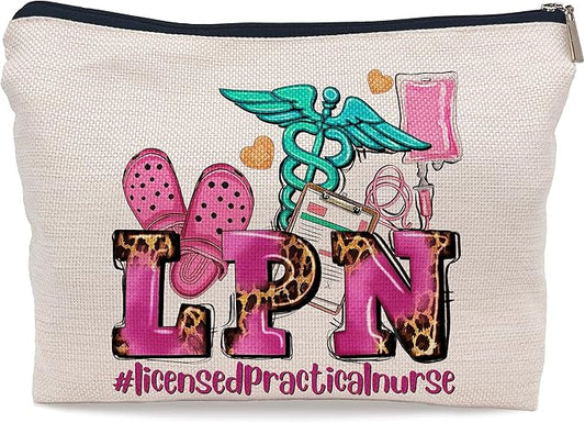 Ayxvt LPN Licensed Practical Nurse Cosmetic Bag,Retro Gorgeous Pink Leopard Clipart Decorative Women's Makeup Bag Zipper Pouch Travel Toiletry,Nurse's Day Nurse Graduation Gifts for Nurse Women Girls