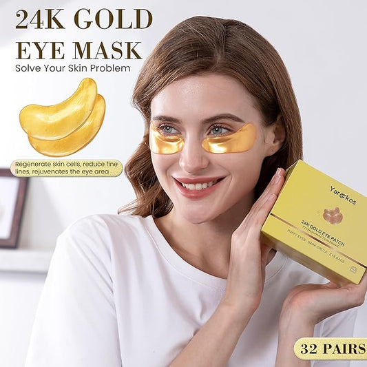 32 Pairs 24K Gold Under Eye Patches, Golden Cooling Hydrating Eye Mask for Dark Circles Puffiness Puffy Eyes, 32 Sets Anti Wrinkle Collagen Undereye Pad, Travel Beauty Skincare Face Gel