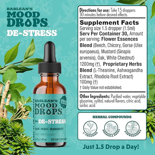 Barlean's Mood Booster Supplement, De-Stress Liquid Drop Supplements for Men and Women, Ashwagandha and L Theanine Extract, Adaptogen Herbs Drops, 1.5 oz