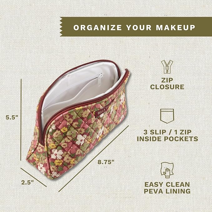 Bella Taylor Large Makeup Pouch for Women | Quilted Cotton Cosmetic Bag for Travel and Organization | Autumn Garden