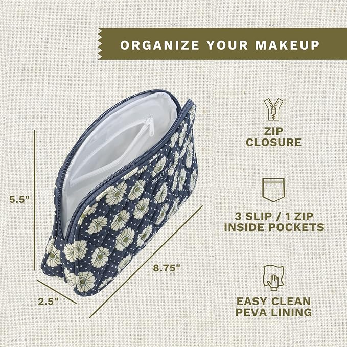 Bella Taylor Large Quilted Cotton Makeup Pouch for Women, Travel Cosmetic Bag, Quilted Cotton Dotted Daisy Navy Floral