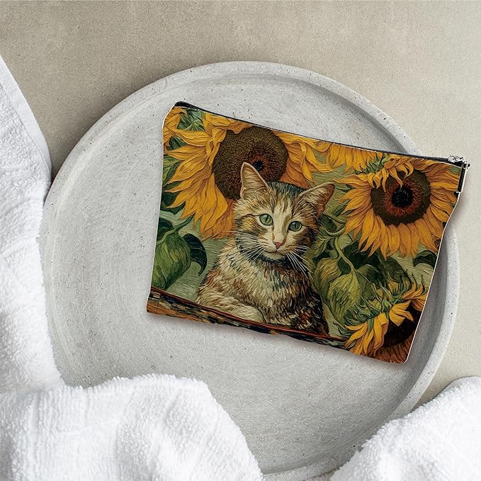 Animals Makeup Bag - Cat In The Garden - Sunflower & Cat Drawing Theme Cosmetic Bag, Toiletry Bag, Gift For Girls, Besties, Personal Care & Accessories - A25