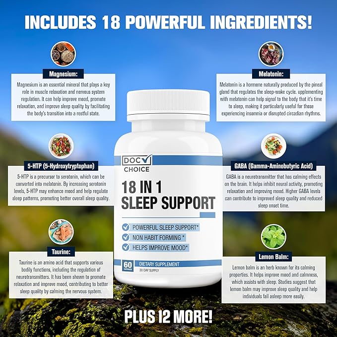 Doc Choice - 18 in 1 Sleep Support New for Adults Total Formula | Mood, Sleep, Restfulness Support | 18 Research Backed Ingredients | Melatonin, Magnesium, GABA, Ashwagandha & More - 60 Caps