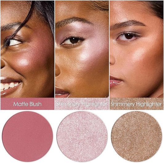 FOCALLURE Blush and Highlighter Palette,3 in 1 Makeup Powder, Cruelty-Free Matte, Shimmer Illuminator for a Glowing Look,#03