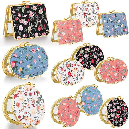 Blulu 24 Pcs Compact Mirror for Purse Bulk Small Flower Pocket Mirror Folding Floral Retro Return Gifts for Women Makeup Travel Portable(Gold Edge)