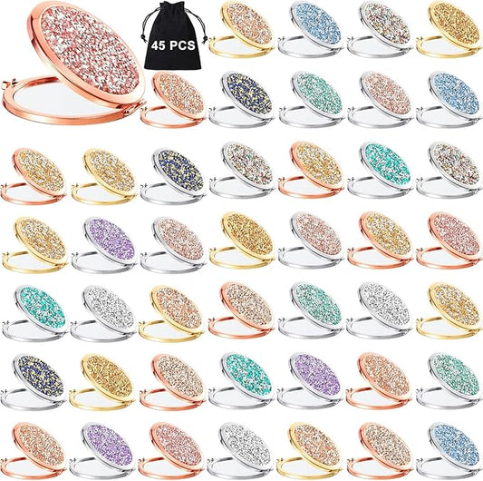 Cindeer 45 Pcs Small Compact Mirror Folding Pocket Makeup Round Hand Held Cosmetic Magnifying Compact Rhinestone Mirror with 1X/2X Magnification for Women Girls Travel (Modern Colors)