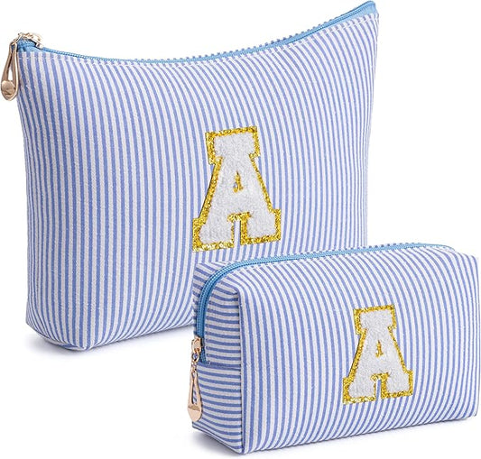 Blue Personalized Initial Makeup Bag Set, Cute Preppy Travel Toiletry Cosmetic Bags, Small Make Up Pouch, Birthday Gifts for Women, Girls, Friends, (A)